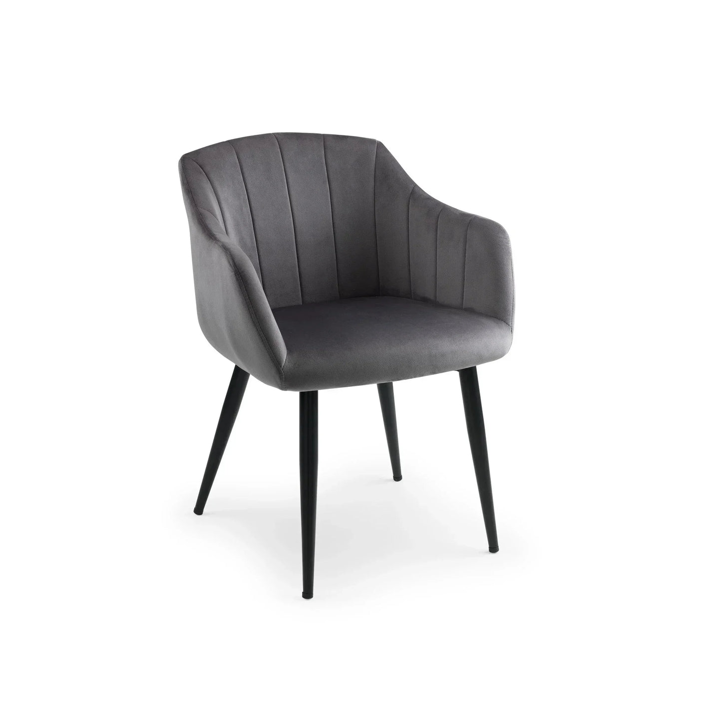 Grey velvet dining chair with black tapered legs and curved backrest