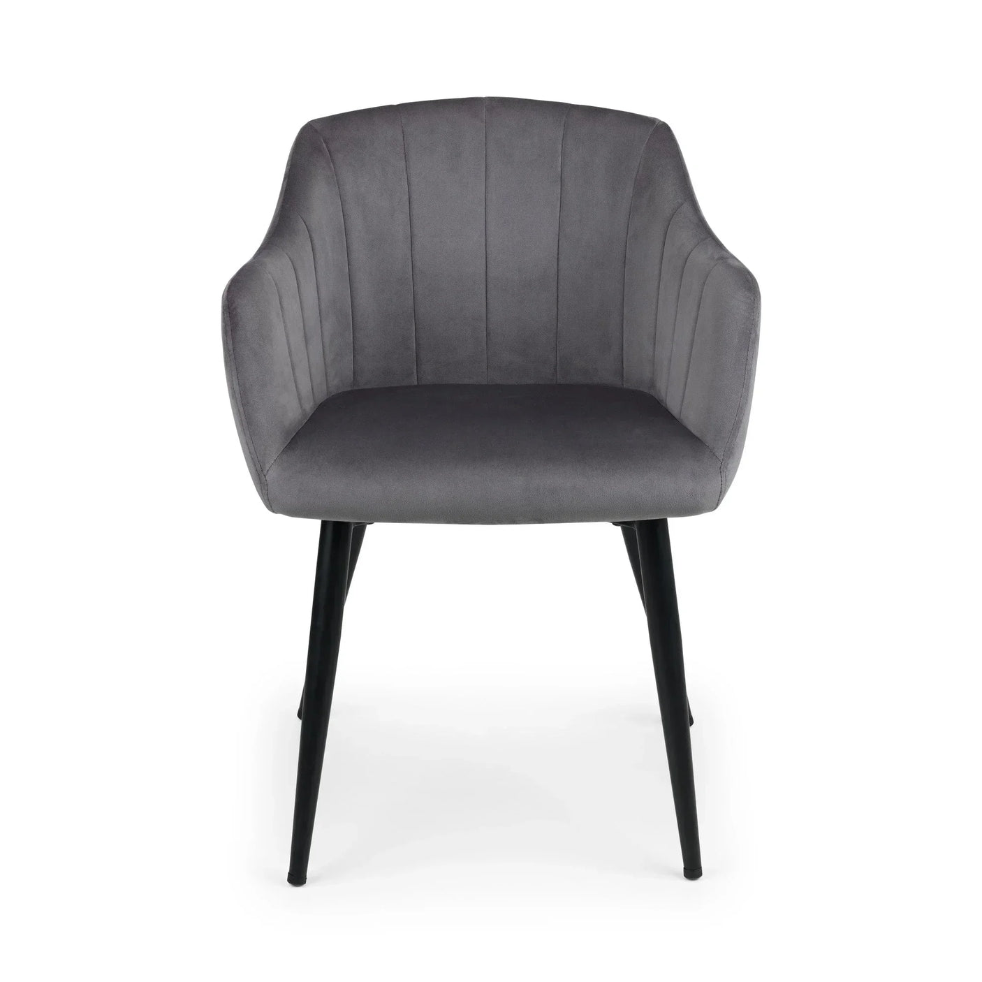 Grey velvet accent chair with curved back and black metal legs, front view