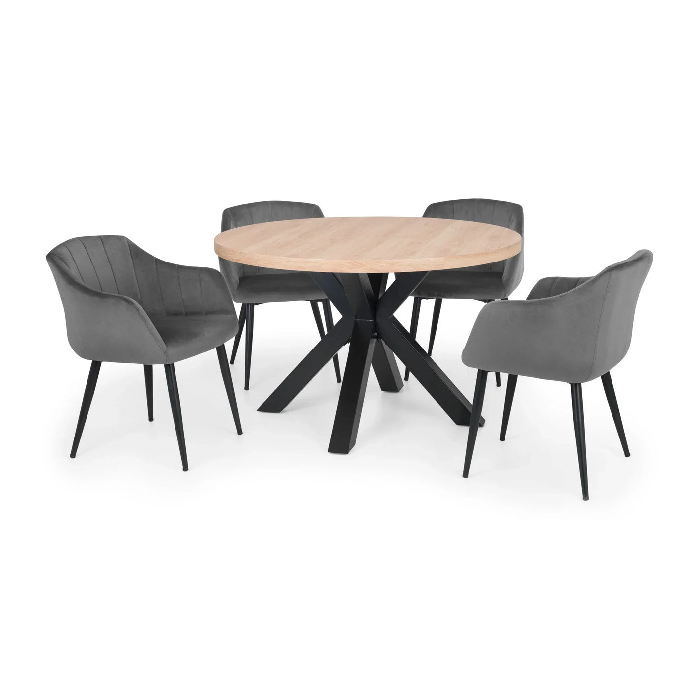 Round oak dining table with black metal legs and four grey upholstered chairs