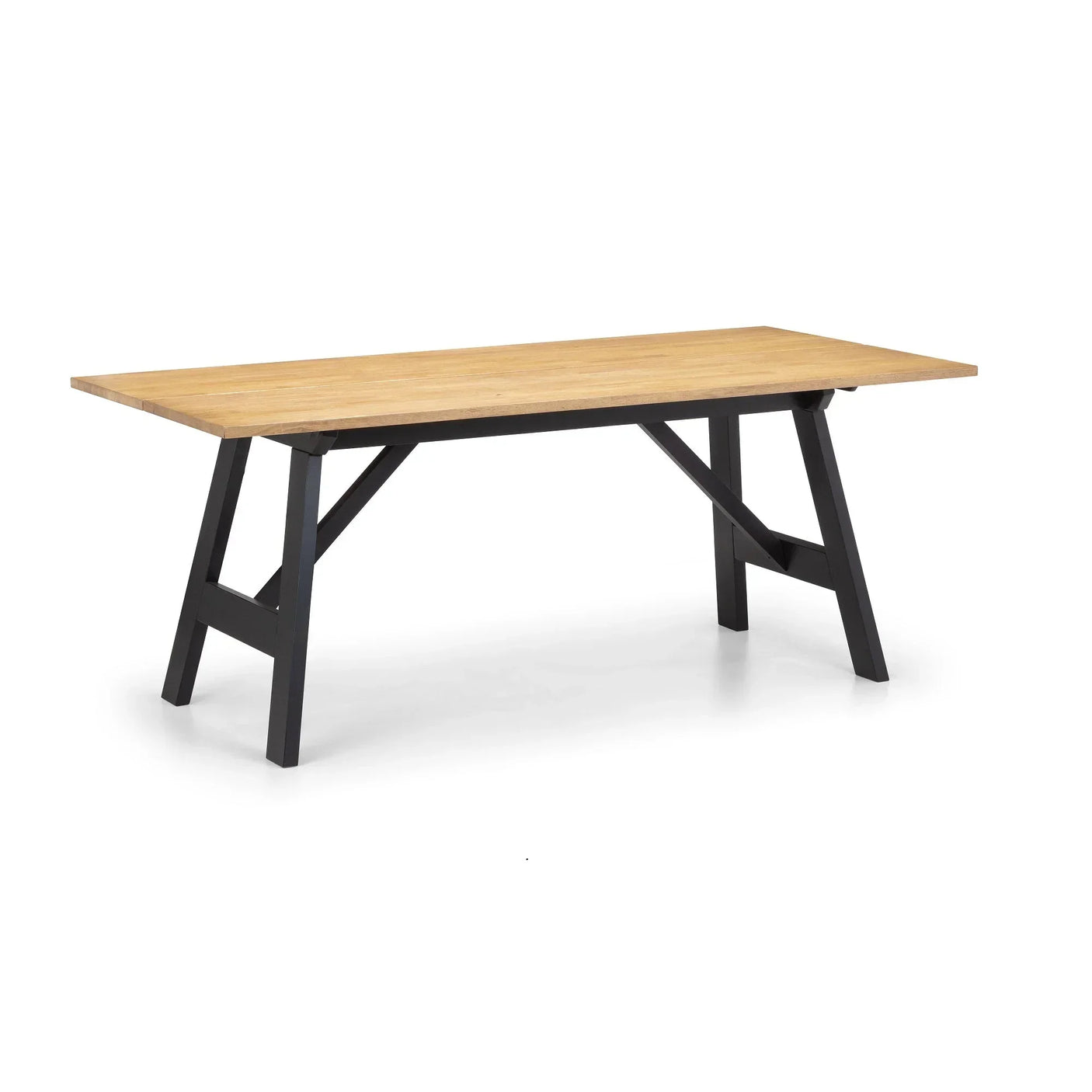Rectangular oak dining table with black trestle legs on a white background