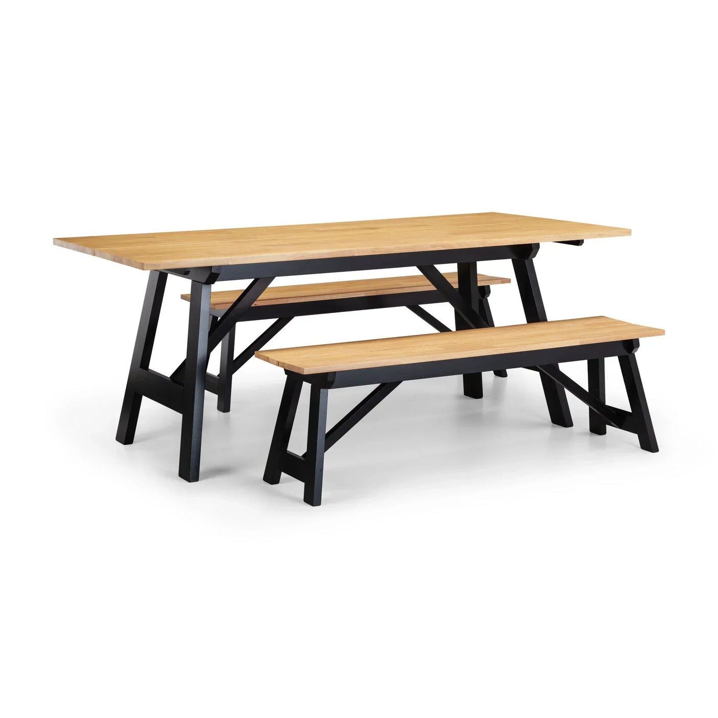Oak dining table set with matching benches and black metal legs on white background