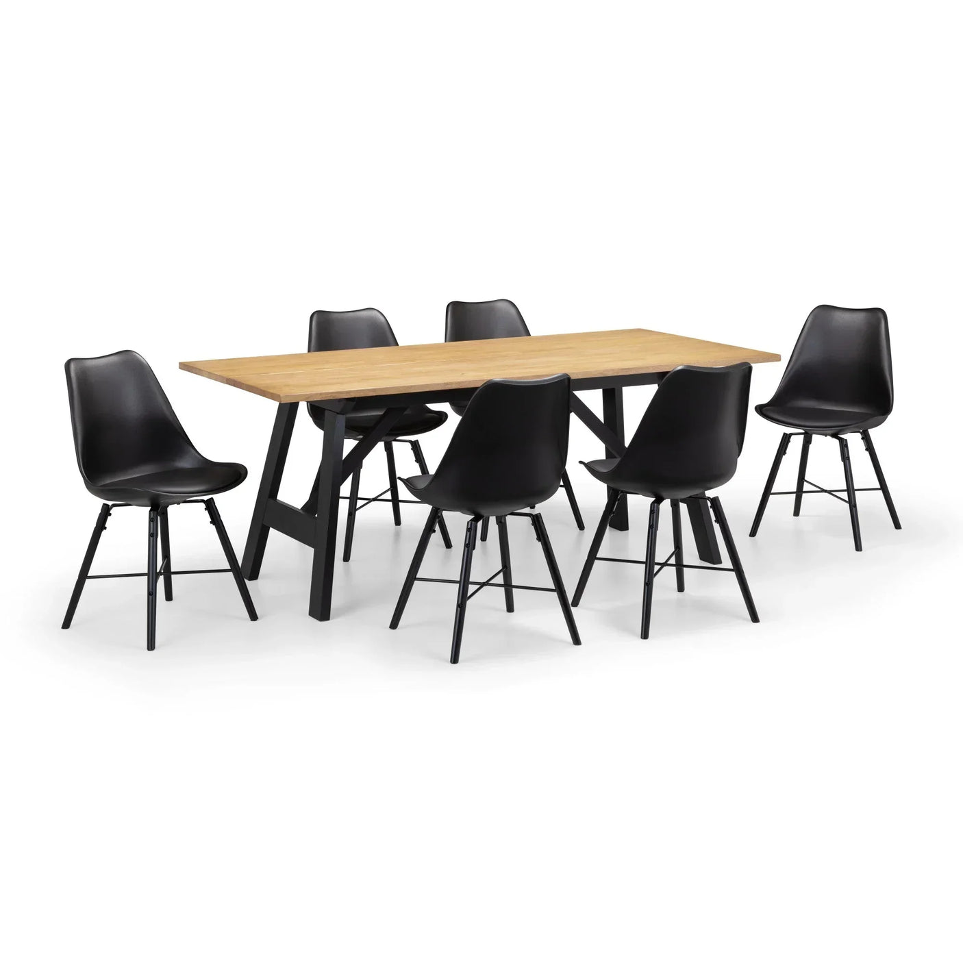 Rectangular wooden dining table with six black modern dining chairs on white background