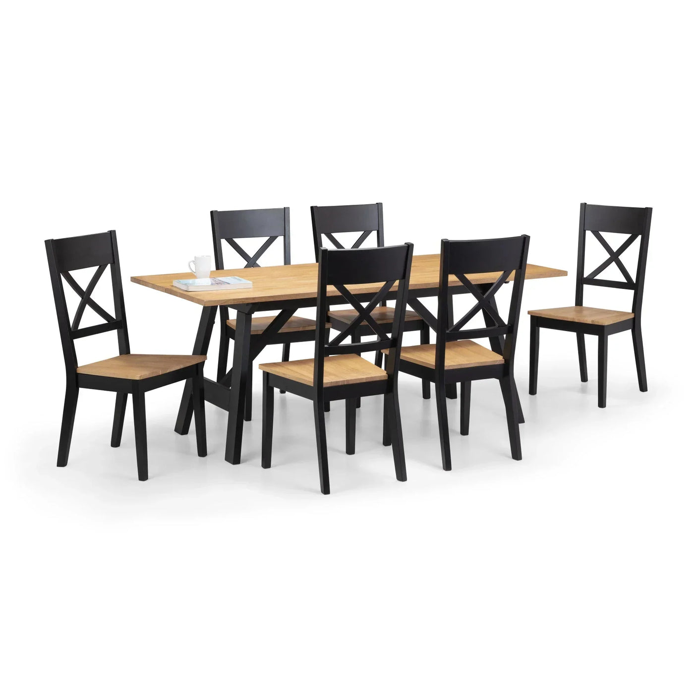 Oak dining table set with six black cross-back chairs on white background