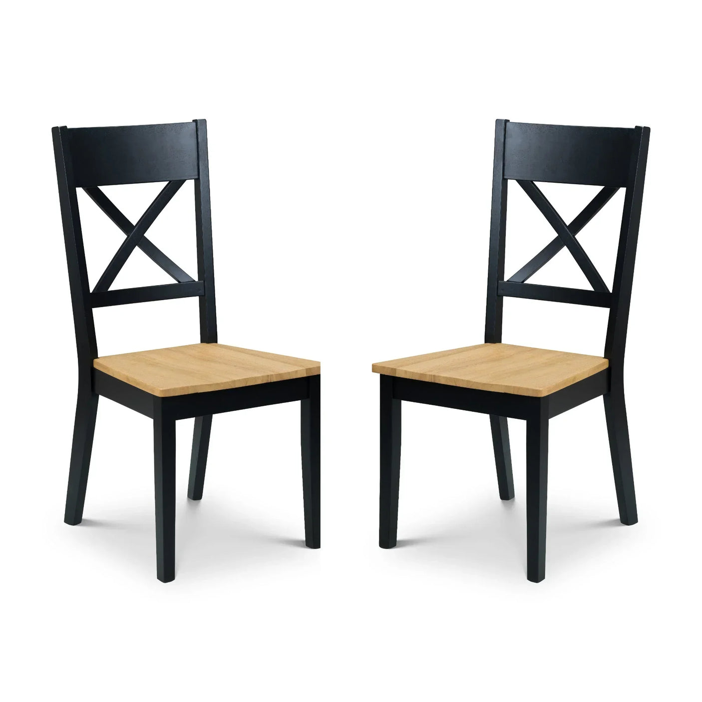 Black and oak dining chairs with X-back design and wood seats on white background