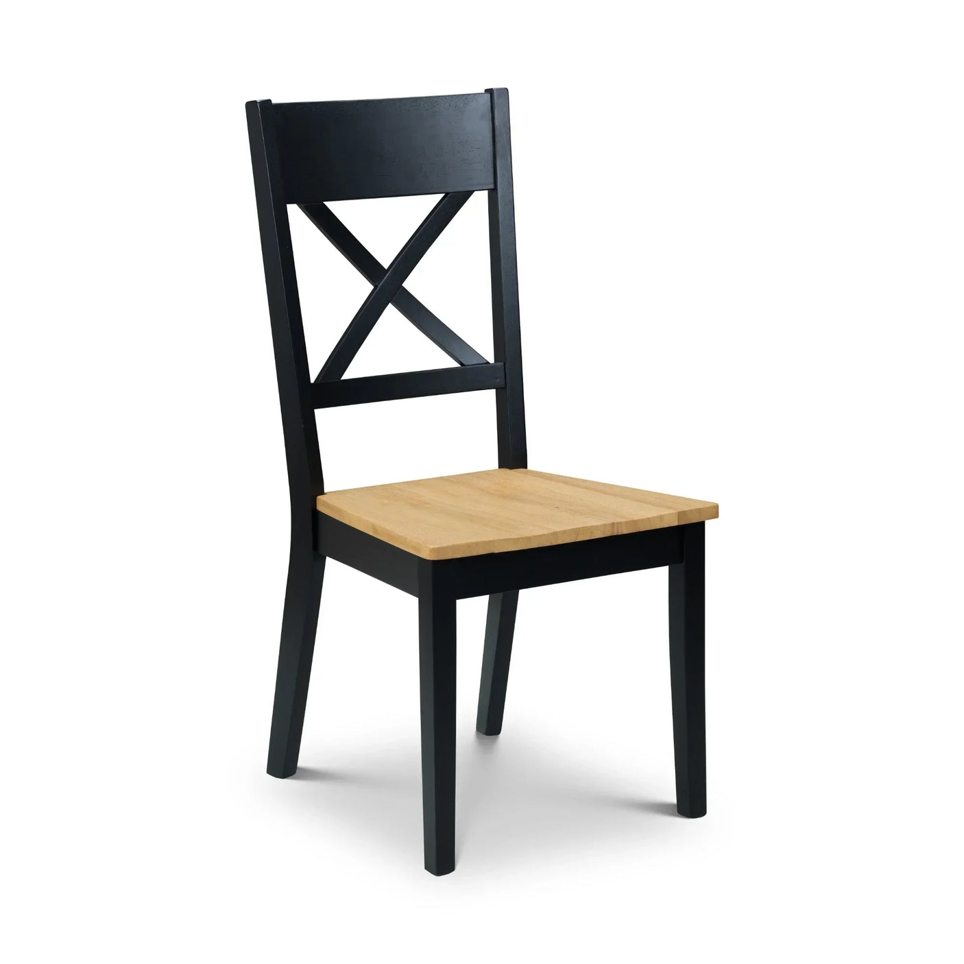 Dining chair with black frame, X-back design and light oak wood seat on white background