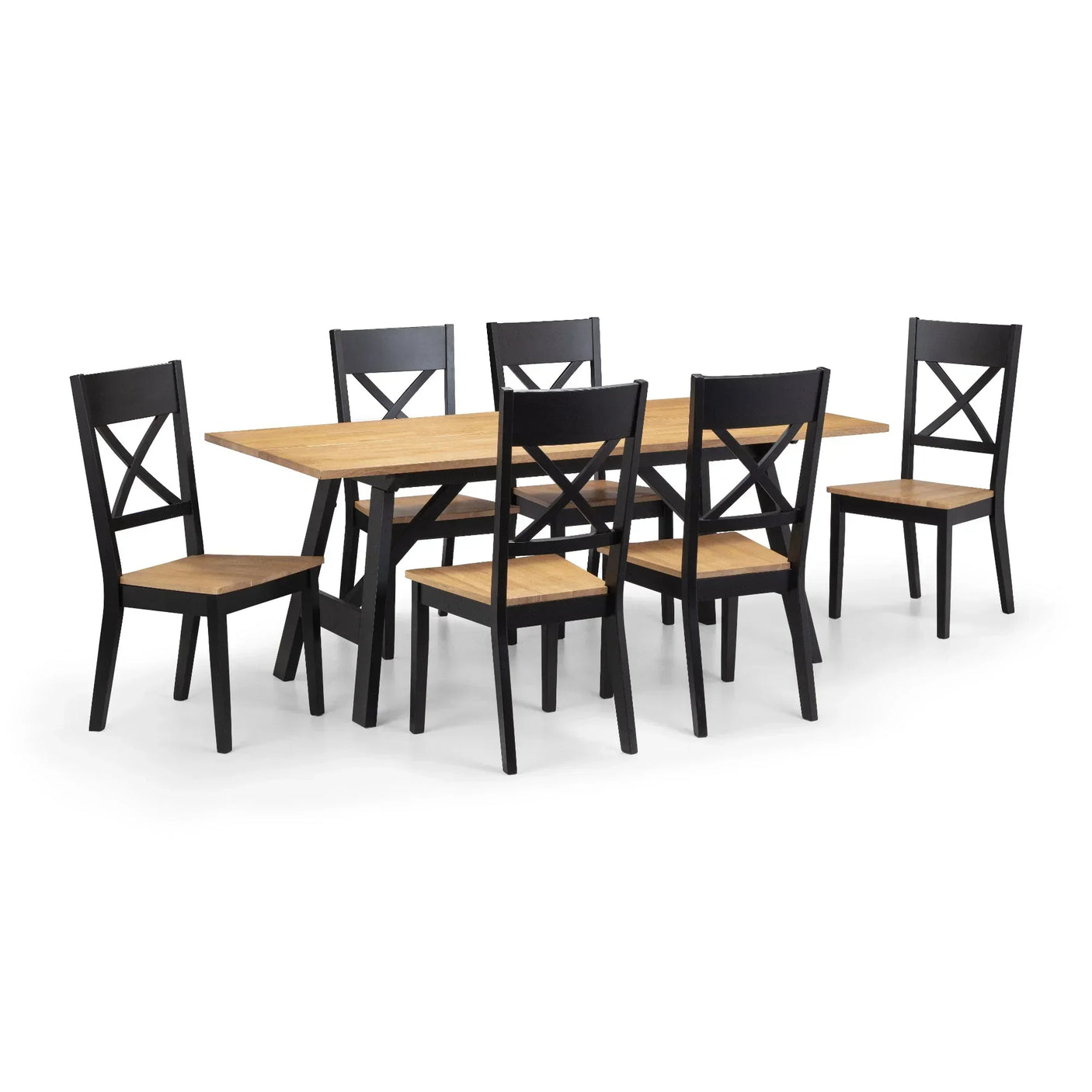 Black and oak dining table set with six cross-back chairs on white background