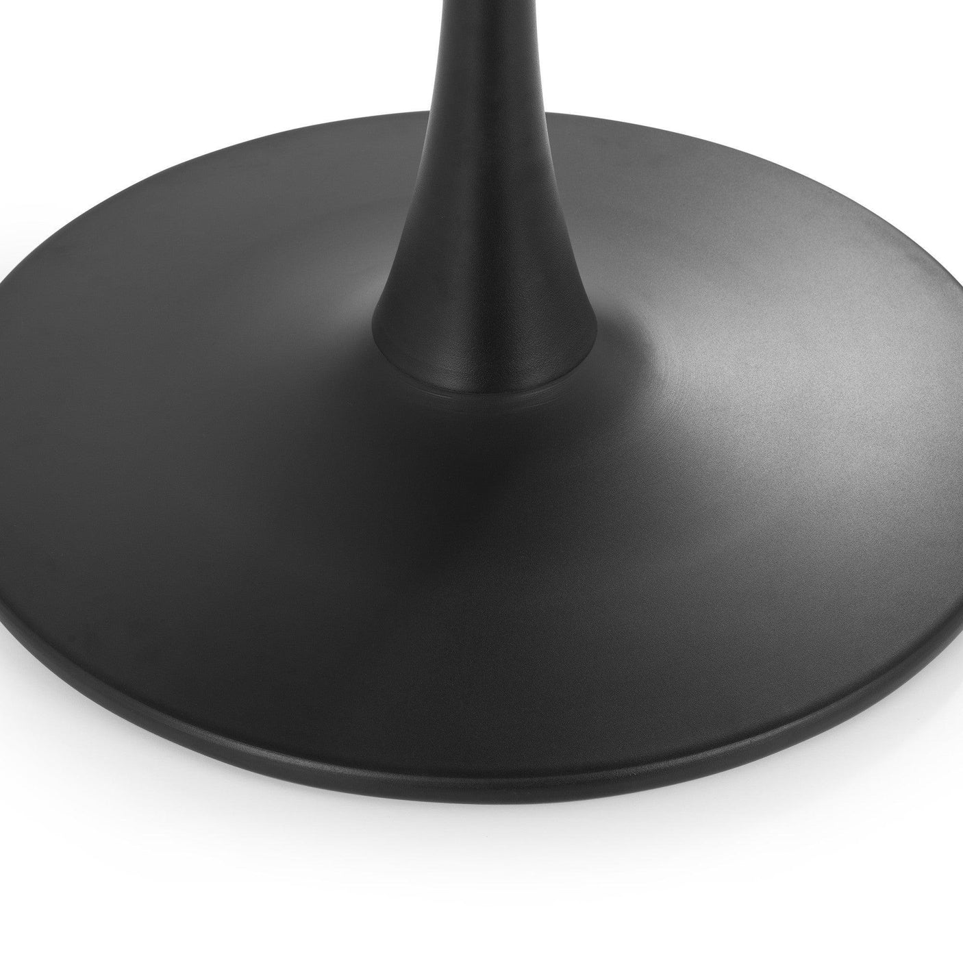 Black metal table base with round pedestal design, close-up on smooth matte finish