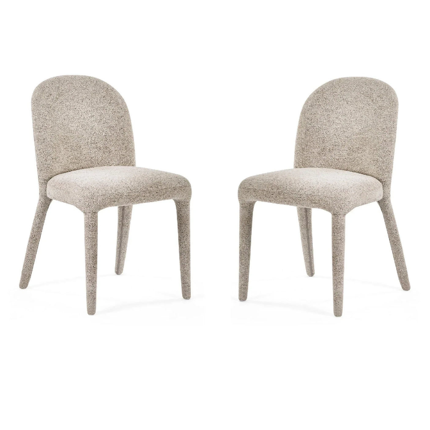 Pair of modern upholstered dining chairs with rounded backs and textured beige fabric