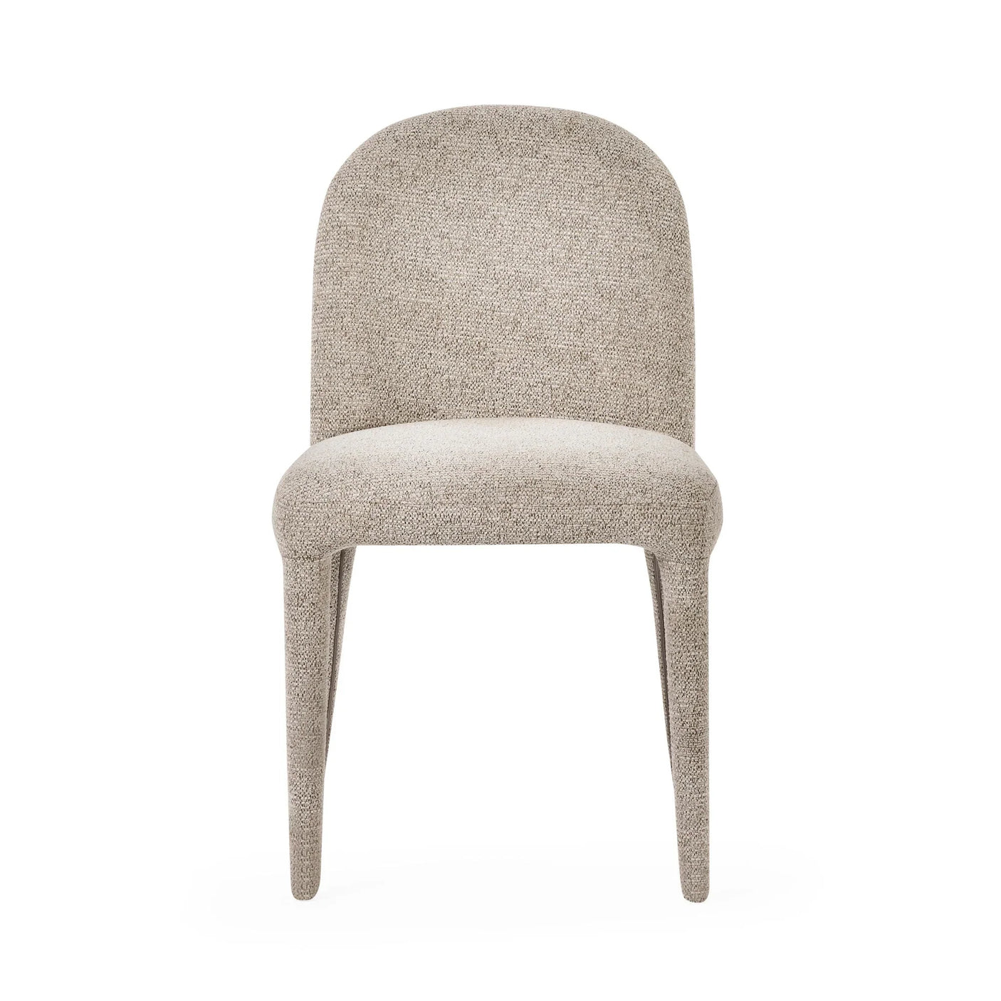 Beige fabric dining chair with curved back and padded seat, front view