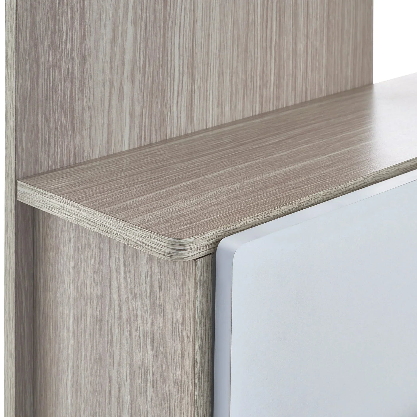 Pale wood Horizon bunk bed with closeup of corner shelf and white panel detail