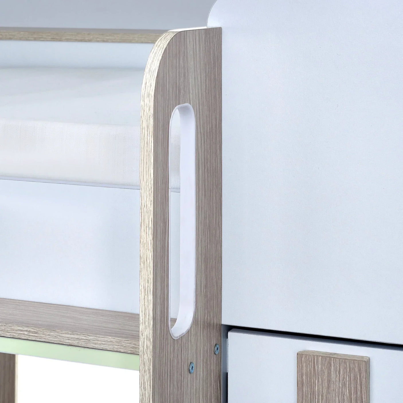 Pale wood and white bunk bed side panel with cutout detail and modern finish