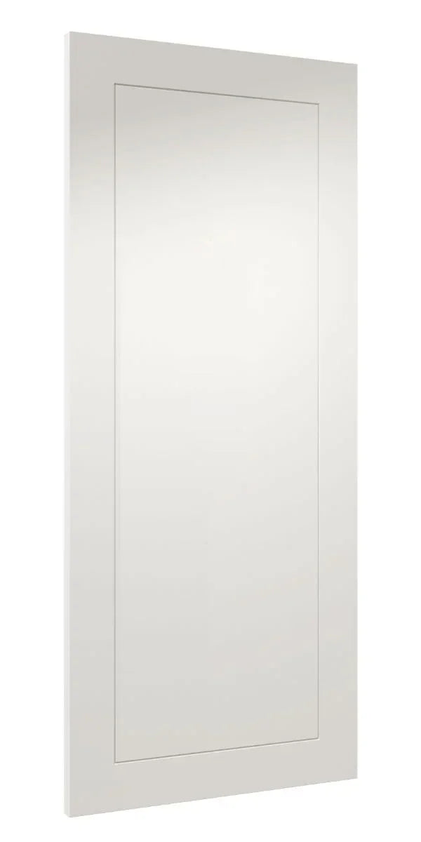 Rectangular white wardrobe door with recessed panel and smooth matte finish, angled view