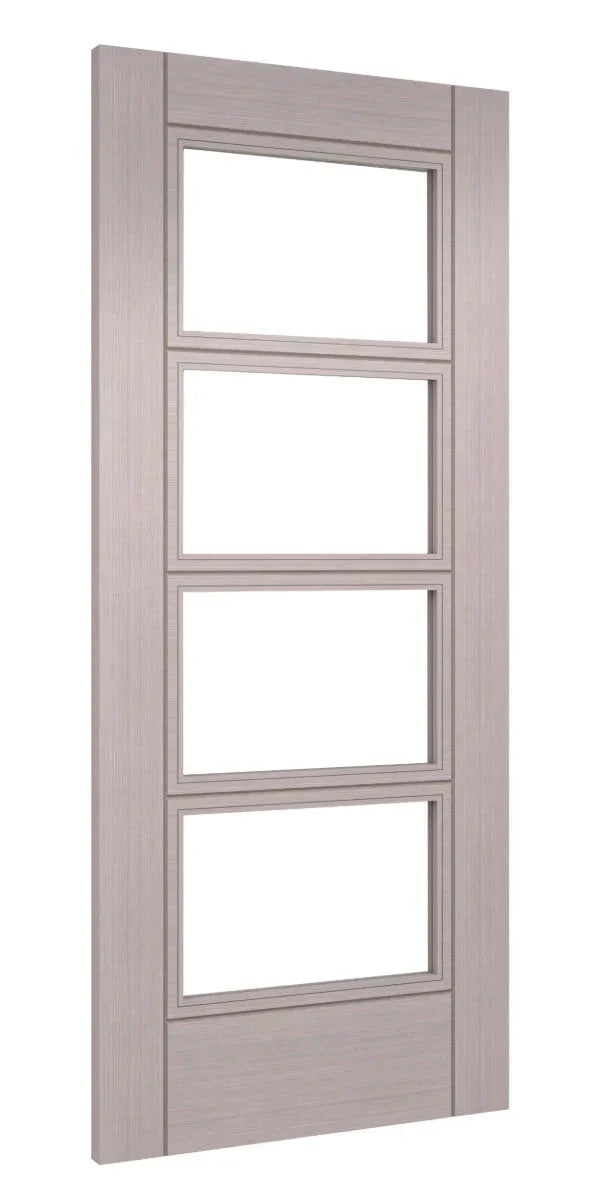 Light grey ash internal door with four clear glass panels, modern vertical grain finish
