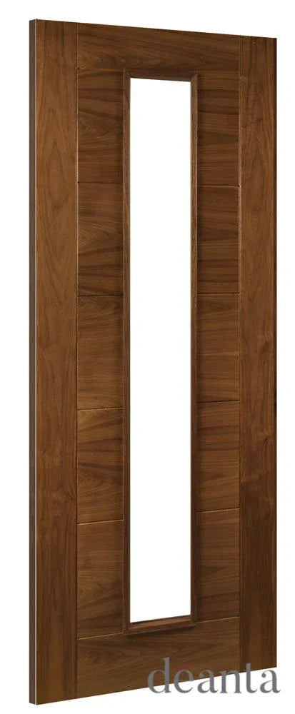 Walnut interior door with central vertical glass panel and modern wood grain design