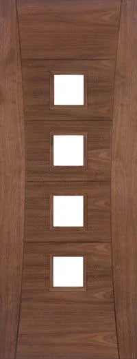 Walnut internal door with four square glass panels in vertical alignment