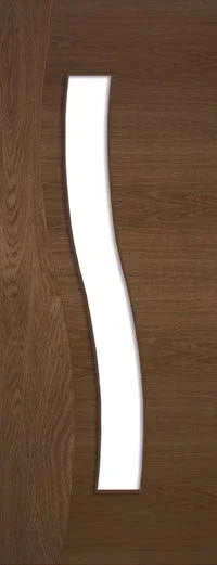 Walnut interior door with vertical curved frosted glass panel