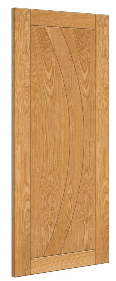 Oak wood wardrobe door panel with curved groove design, vertical view