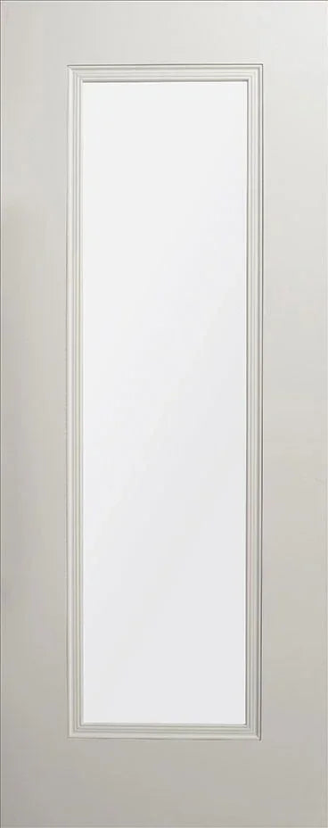 white interior door with large central glazed panel and subtle moulded border detailing