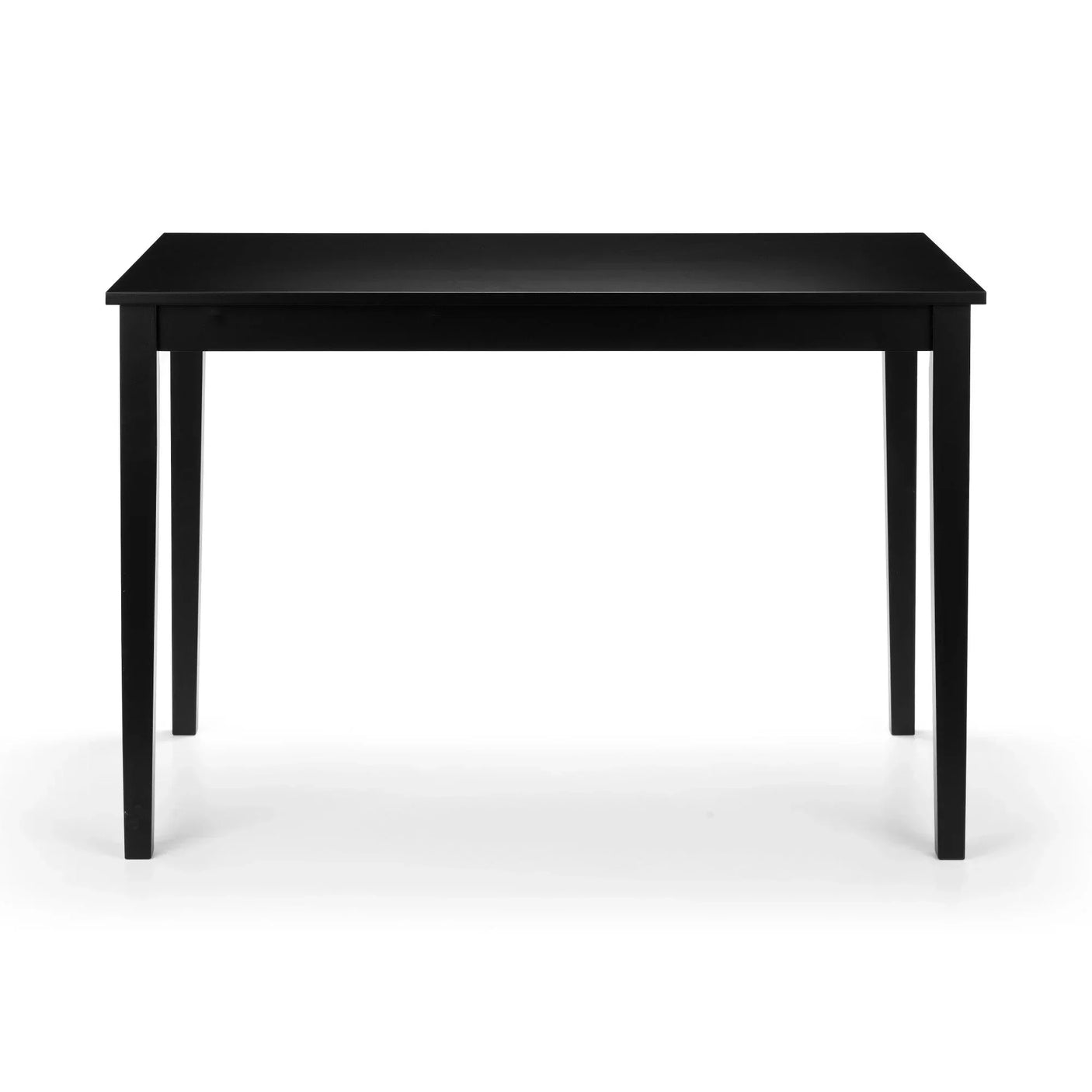 Black rectangular dining table with straight legs, minimalist design, front angle view