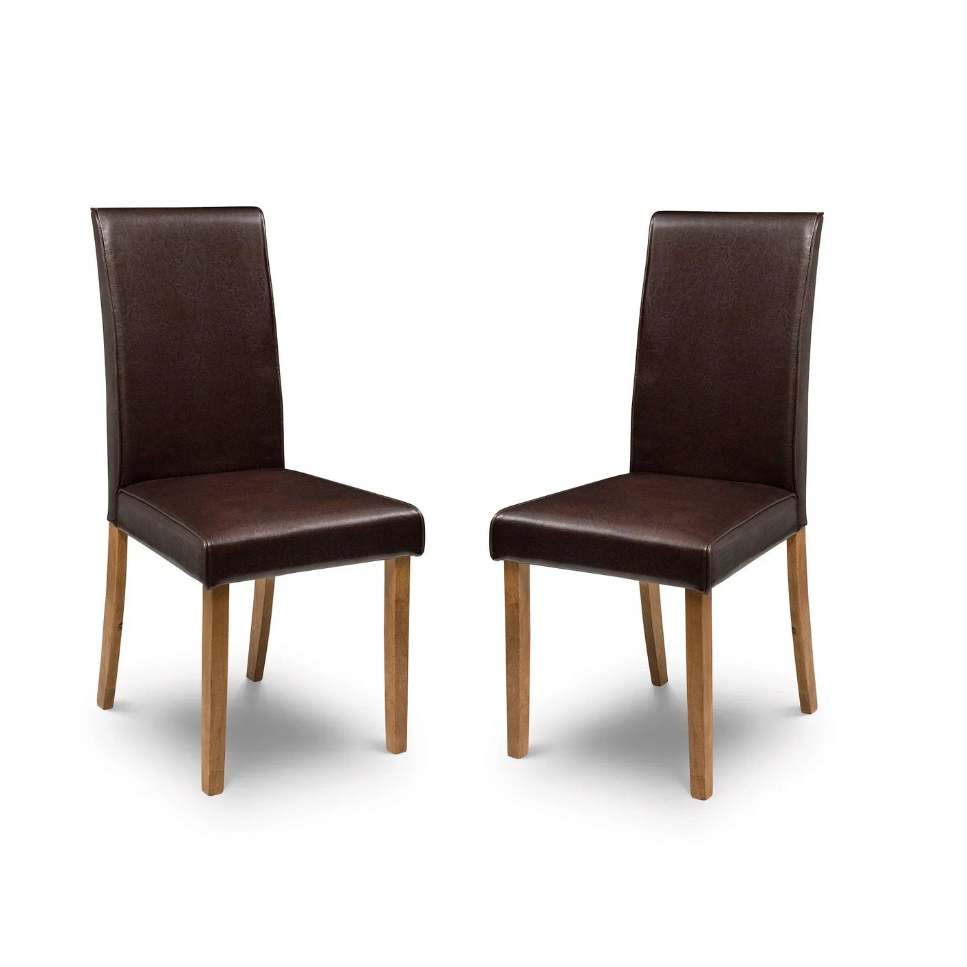 Pair of brown dining chairs with wooden legs, faux leather upholstery, front view