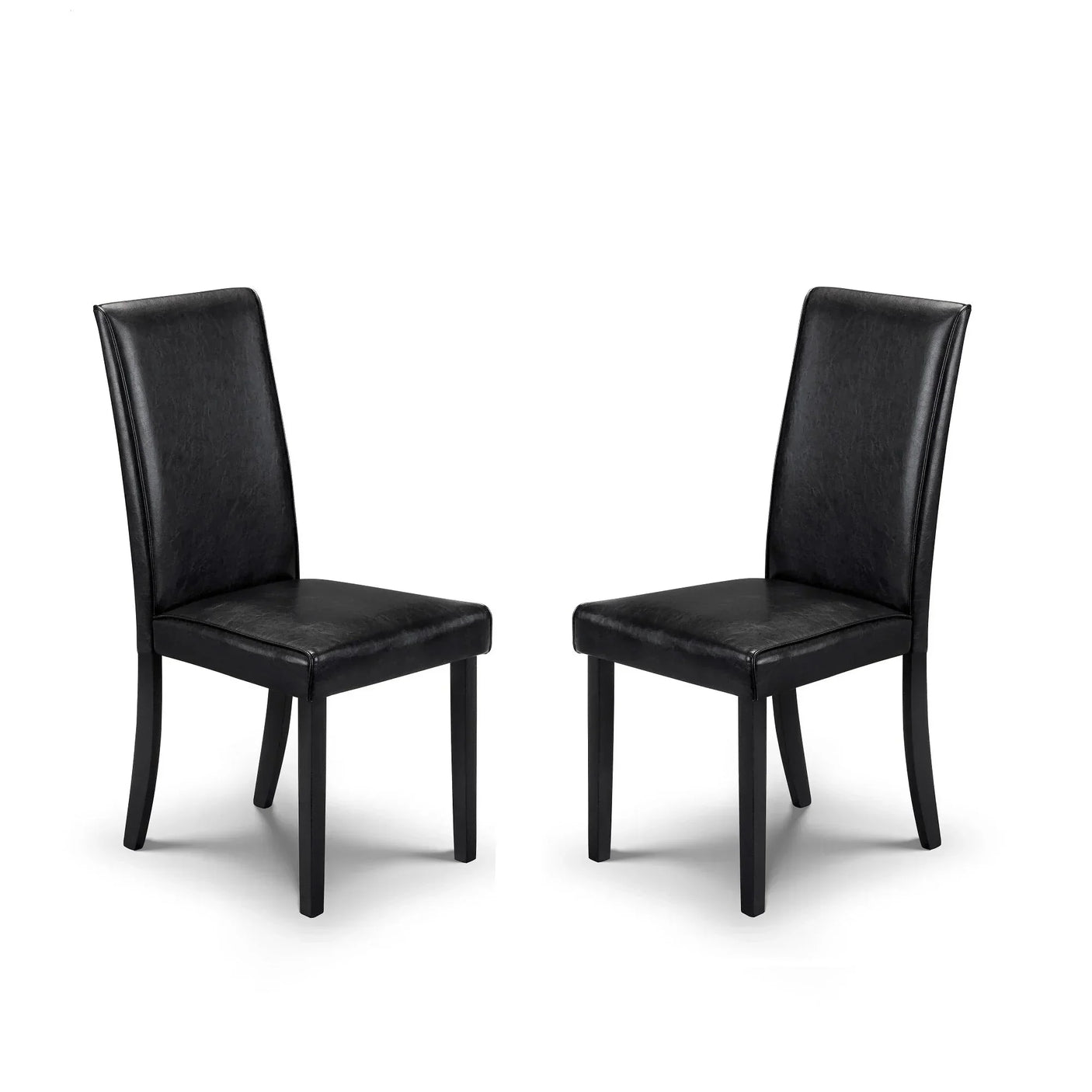 Pair of black dining chairs with padded seats and curved backs on white background