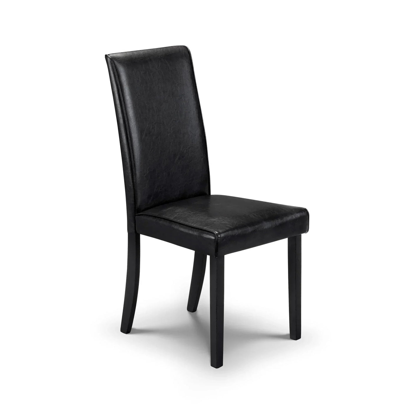 Black faux leather dining chair with high back and wooden legs, angled side view