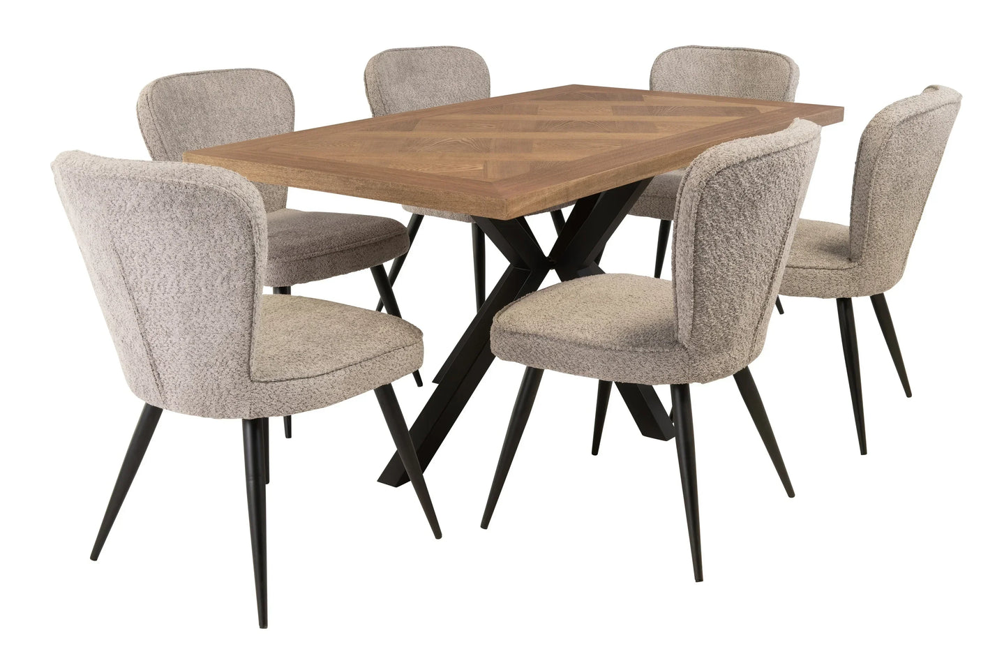 Wood dining table with black metal legs and six beige upholstered chairs