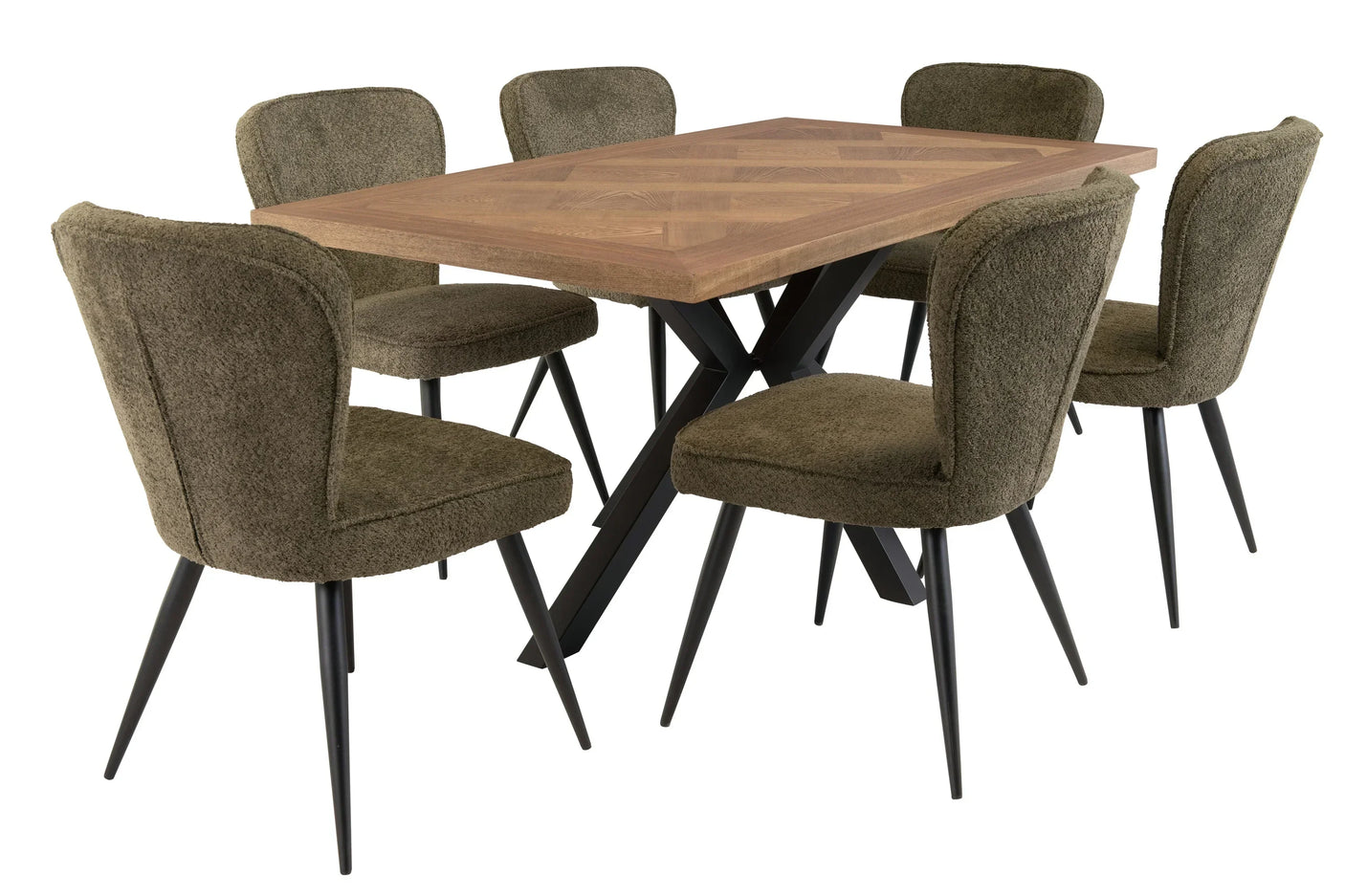 Rectangular wooden dining table with black metal legs and six olive green fabric chairs