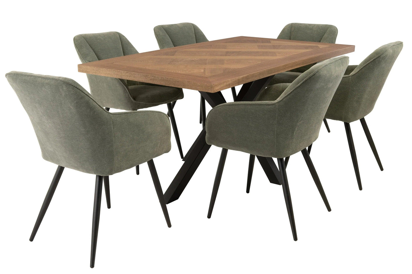 Rectangular wooden dining table with six green upholstered chairs and black metal legs