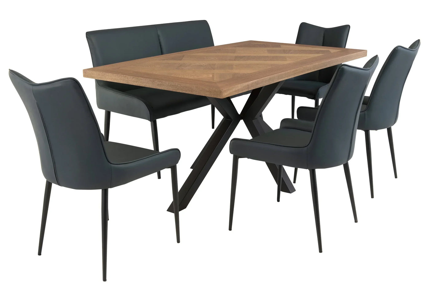 Wood dining table with black metal legs, four black dining chairs and matching bench