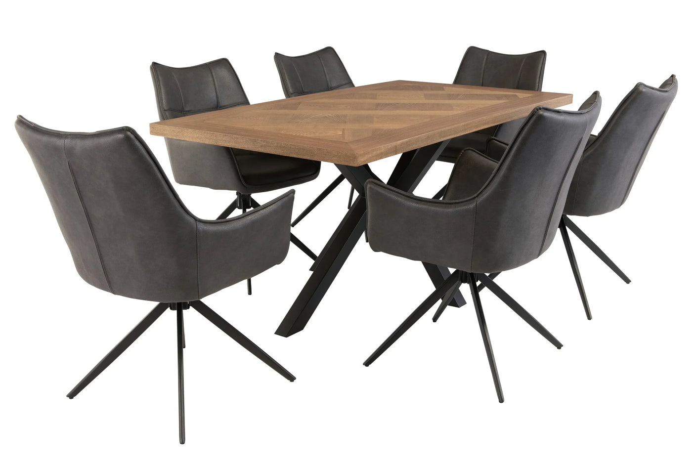 Rectangular wood dining table with black metal legs and six grey upholstered chairs