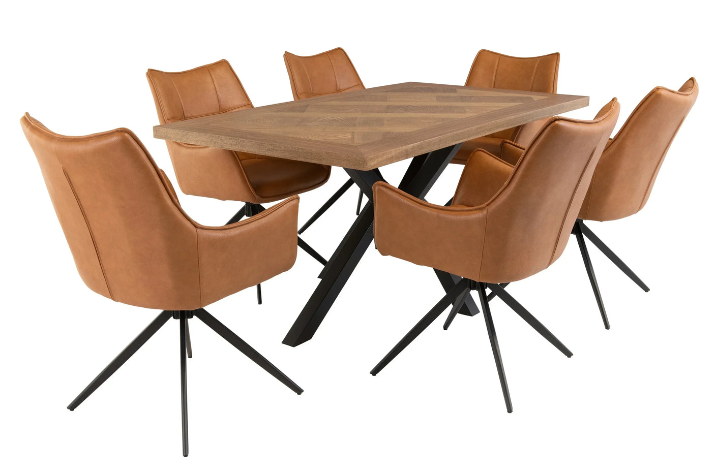 Rectangular wooden dining table with six tan leather chairs and black metal legs