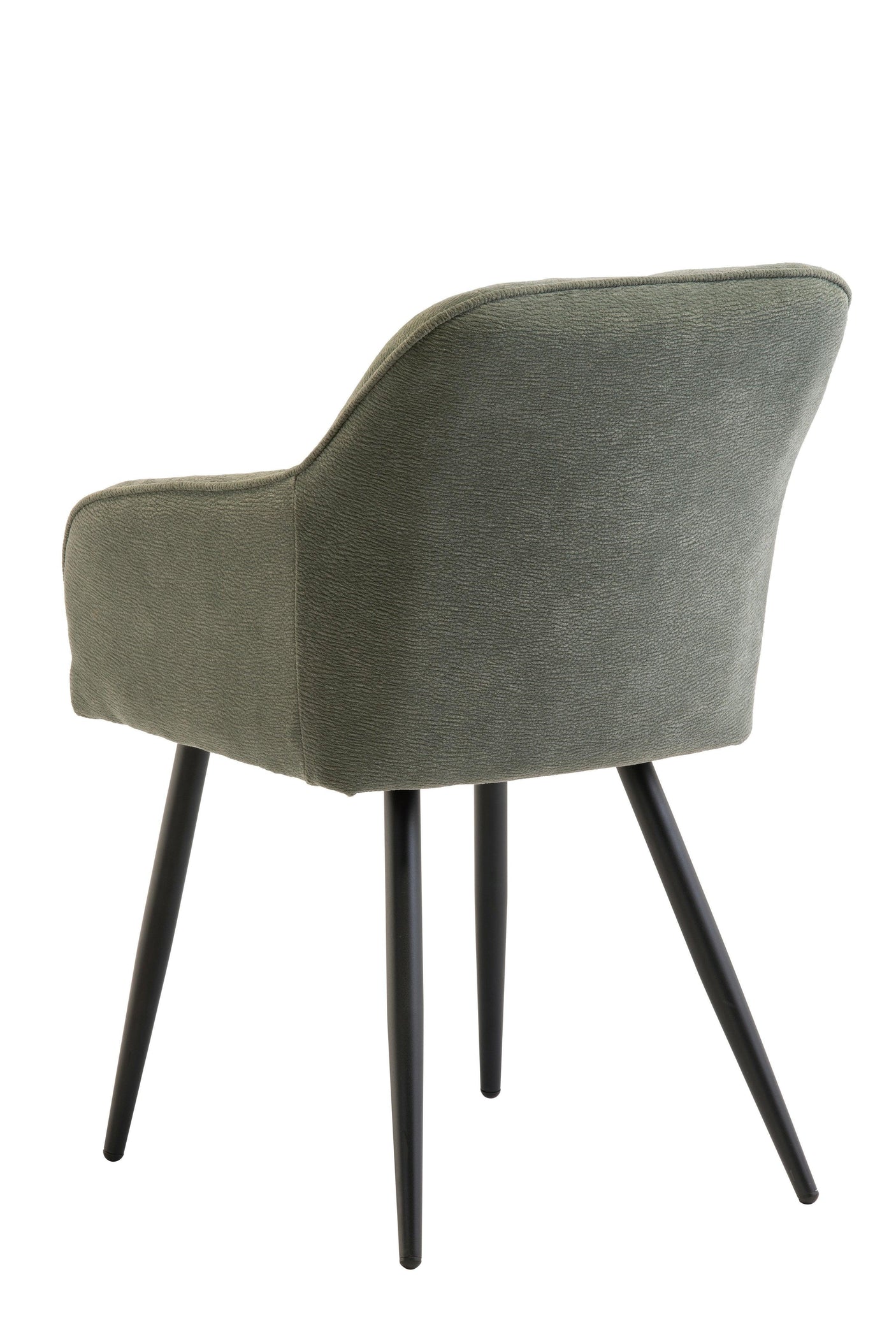 Green fabric dining chair with black metal legs, rear angle view highlighting curved back