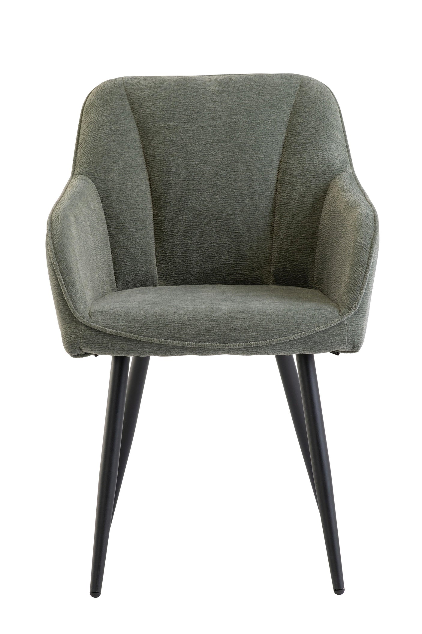 Green upholstered accent chair with curved back and black metal legs, front view