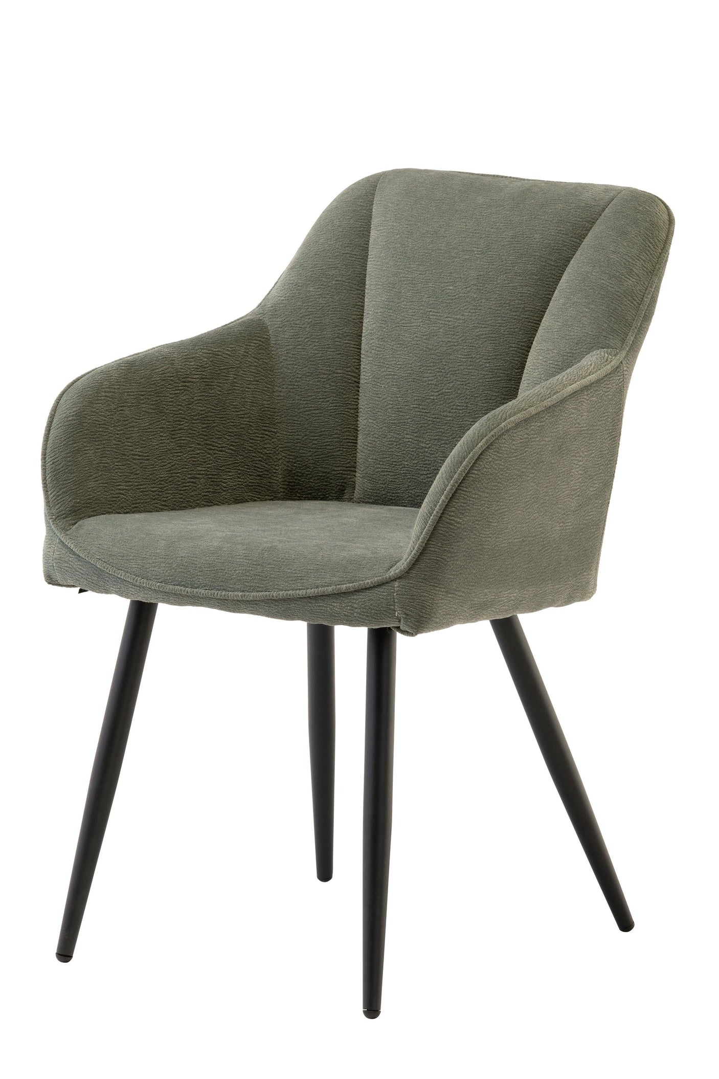 Green fabric accent chair with curved backrest and black metal legs