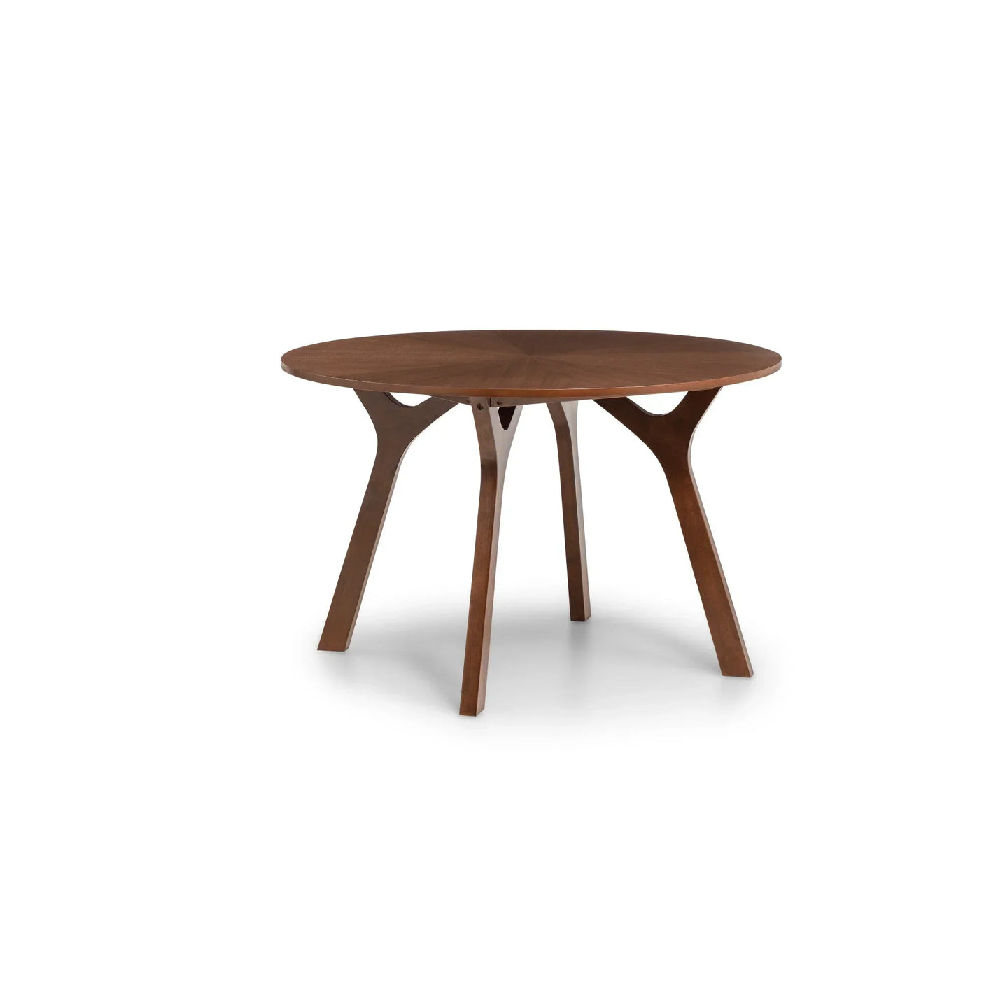 Round wooden dining table with four angled legs and smooth walnut finish