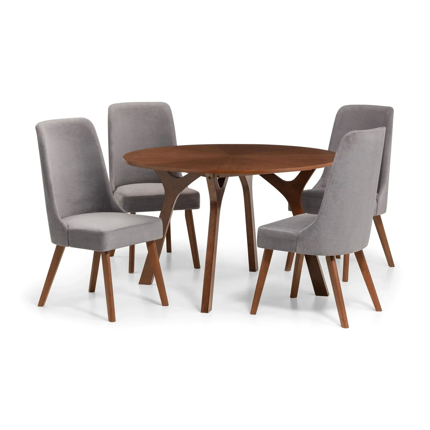 Round walnut dining table with four grey upholstered chairs on wooden legs