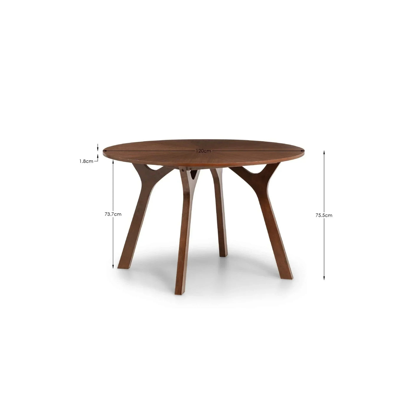 Round wooden dining table with four angled legs and visible measurements on white background