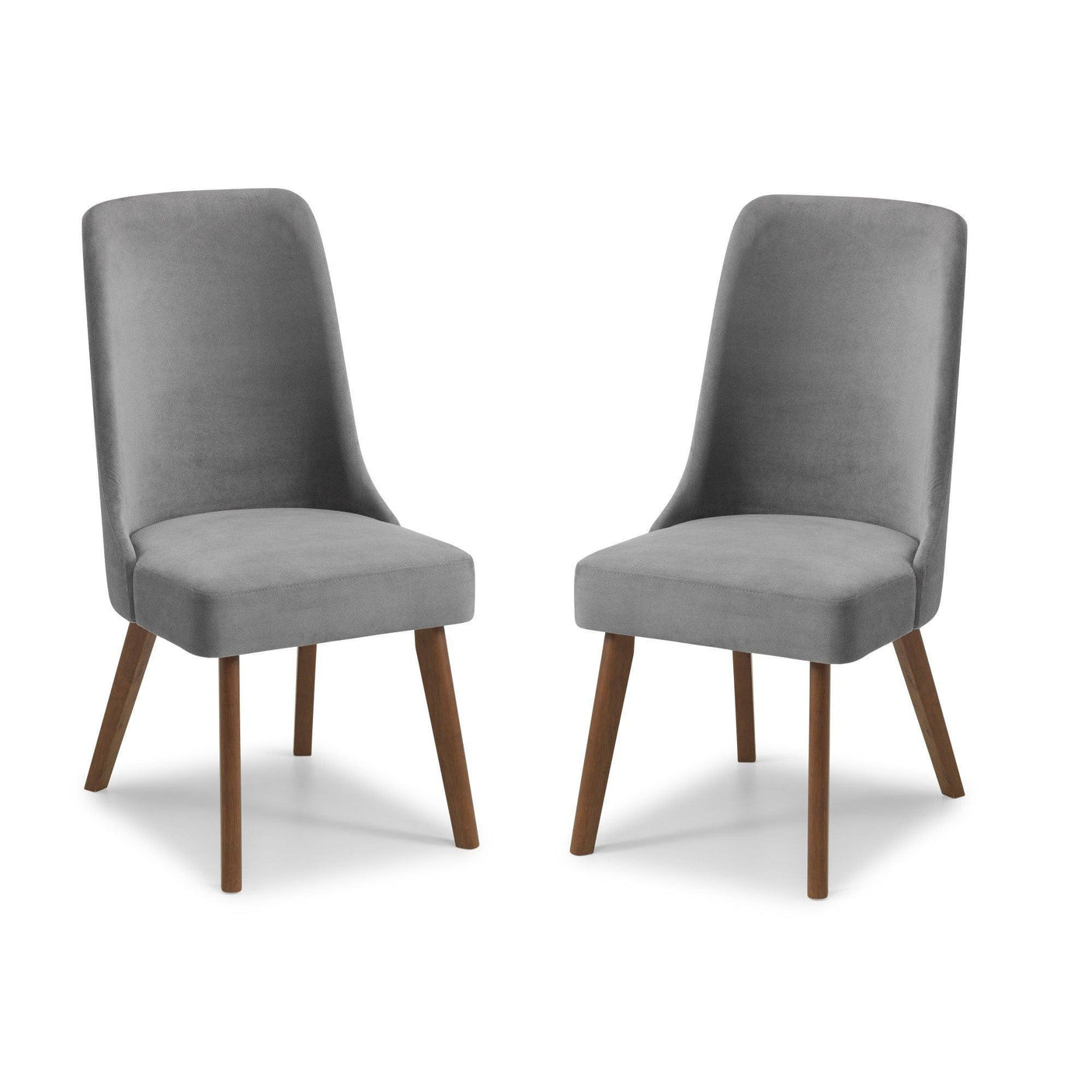 Pair of grey fabric dining chairs with wooden legs, front angle view