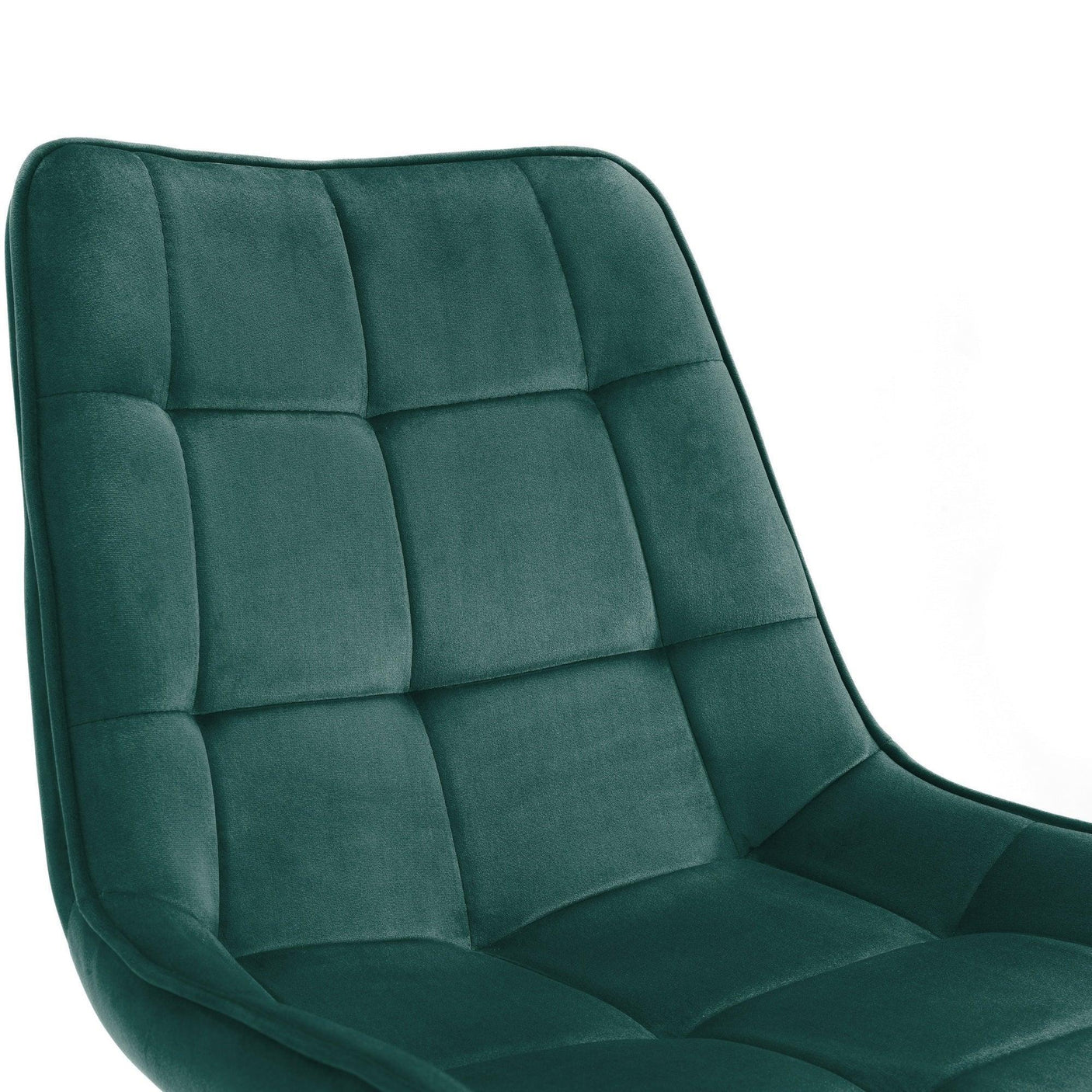 Green fabric chair with square stitched backrest detail, close-up view