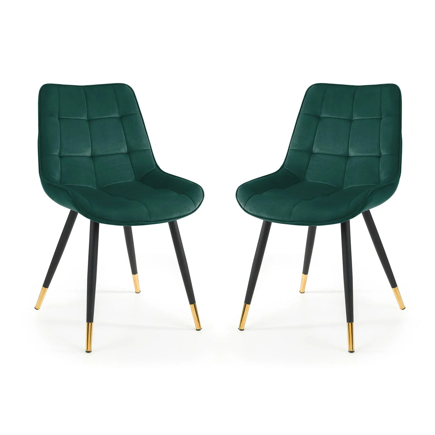 Set of 2 green dining chairs with black metal legs and gold tips, modern quilted upholstery