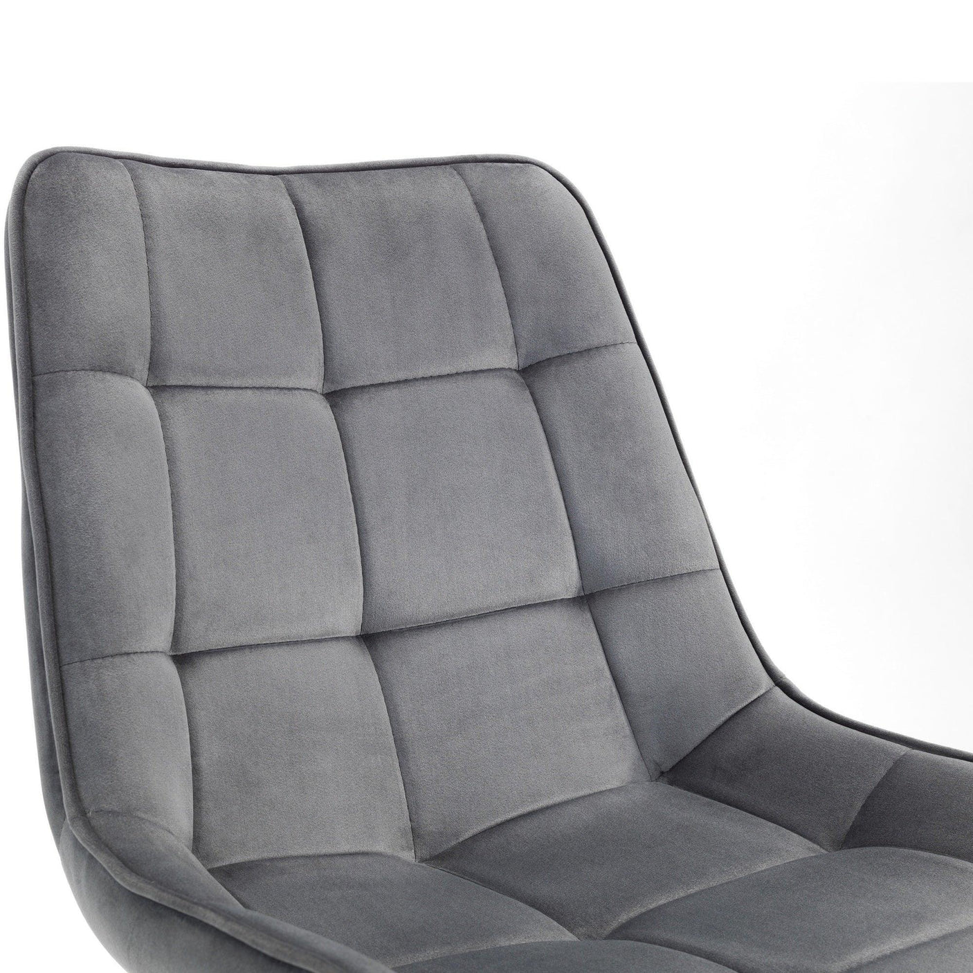 Grey upholstered chair backrest with square stitched detailing, close-up view