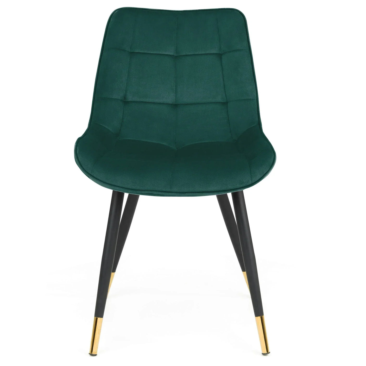 Green velvet dining chair with black legs and gold tips, front view