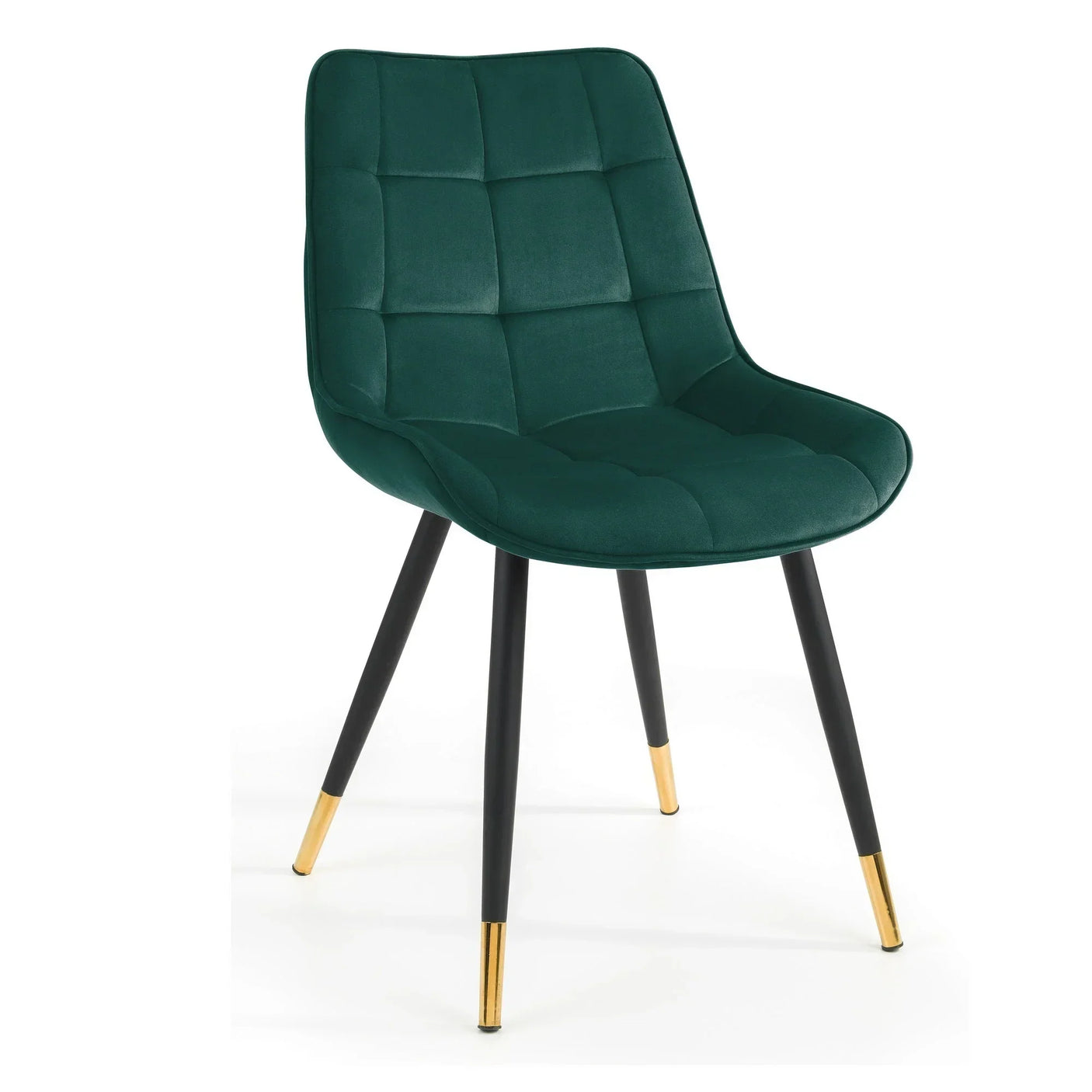 Green accent chair with quilted seat, black metal legs, and gold tips on white background