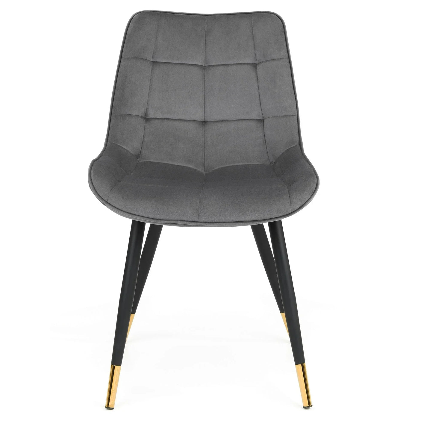 Grey chair with upholstered seat, black legs and gold tips, front view