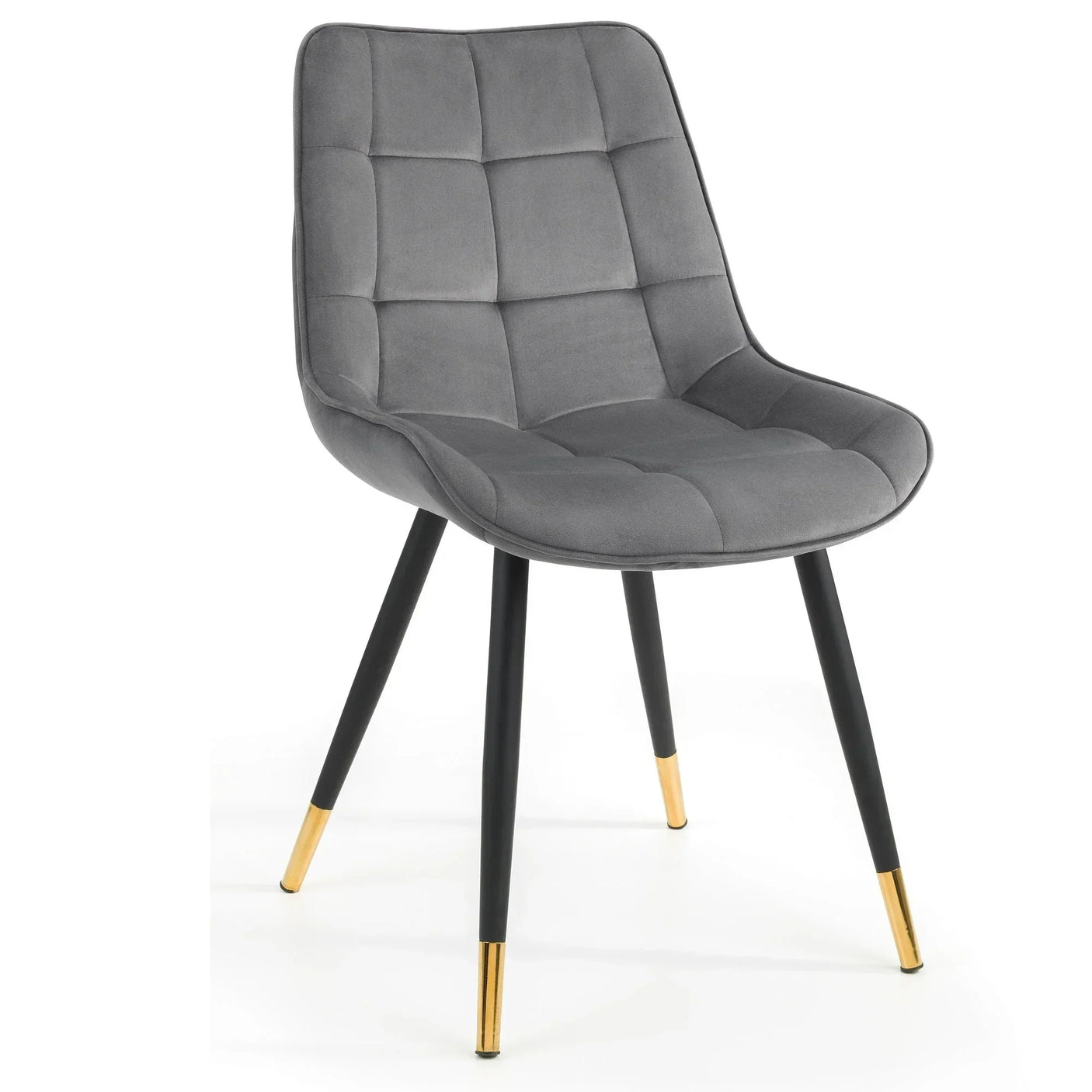 Grey fabric chair with quilted seat, black legs and gold metal tips, front angle view