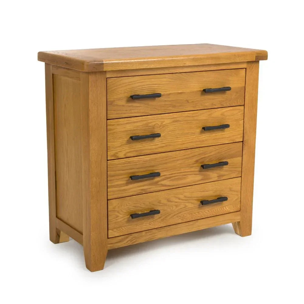 Oak chest of drawers with four wide drawers and black metal handles