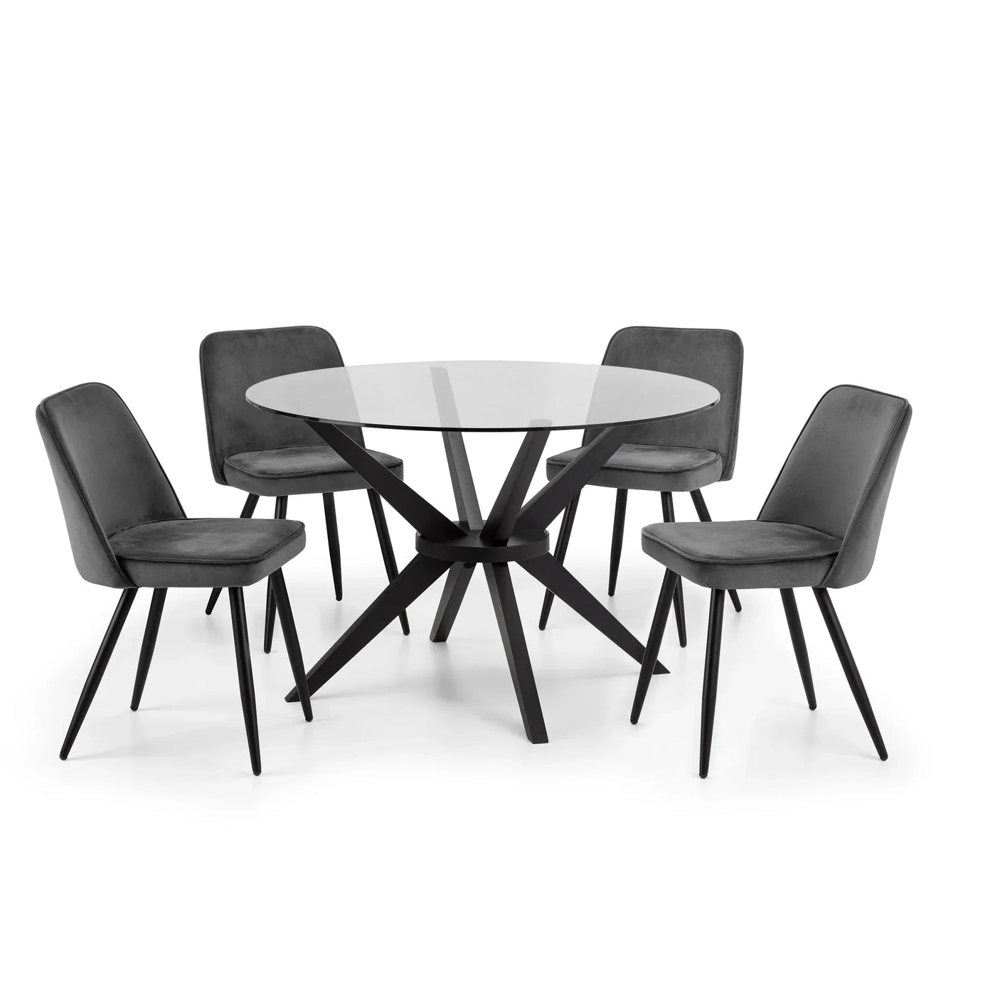 Glass dining table with black legs and four grey upholstered chairs
