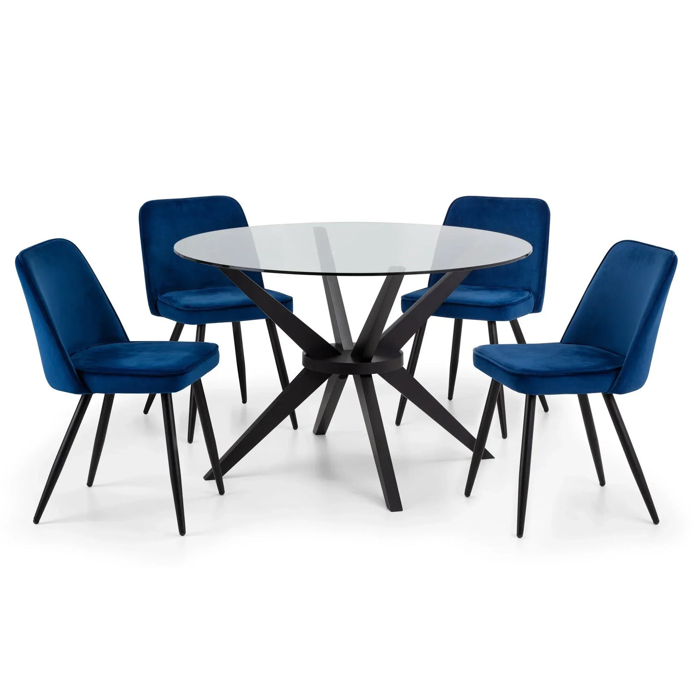 Glass dining table with black legs and four blue velvet chairs, modern style furniture set