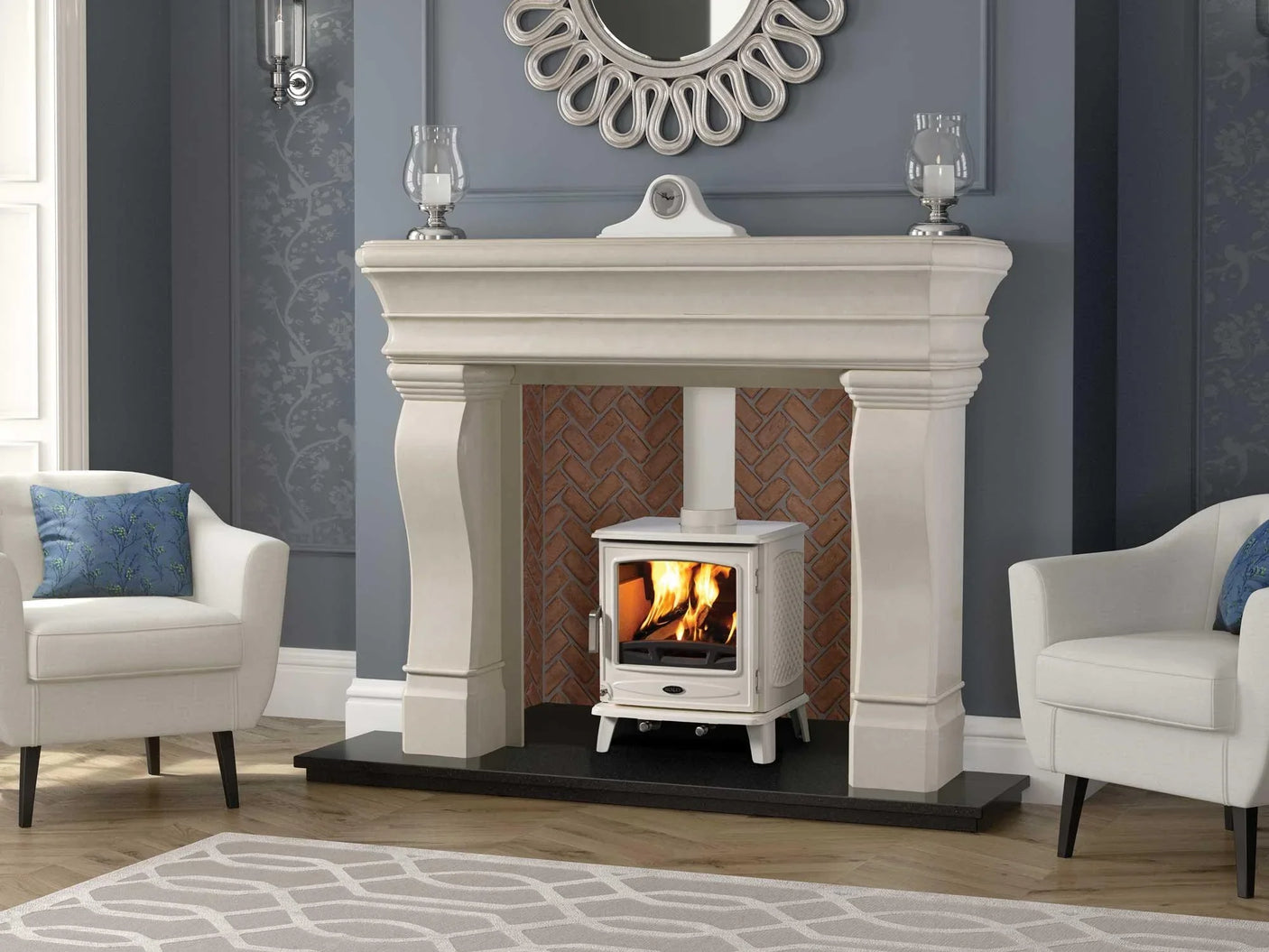 Cream stone fireplace surround with wood burning stove and decorative brick interior